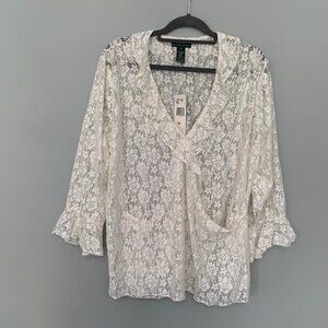 NEW Lauren Ralph Lauren white lace elbow sleeve ruffle detail deep v-neck top‎